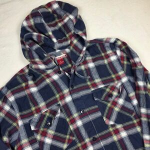 Raw Edge Mens Hooded Flannel Shirt Large Navy Blue Red Plaid Cotton‎ Button Down